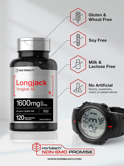 Longjack Tongkat Ali 1600 mg | 120 Capsules | Longifolia Root Extract Powder | Testosterone Formula | Non-GMO, Gluten Free | by Horbaach