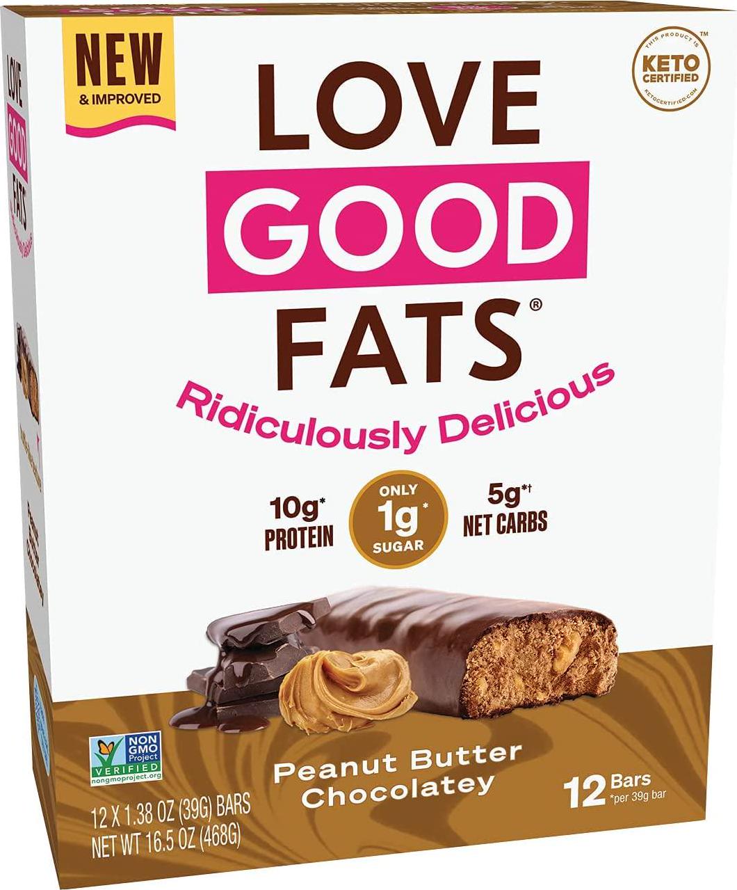 Love Good Fats Bars Peanut Butter Chocolatey Keto-Friendly Protein Bar with Natural Ingredients Low Sugar, Low Carb, Non GMO, Gluten and Soy Free Snacks for Ketogenic Diets (12 Count)