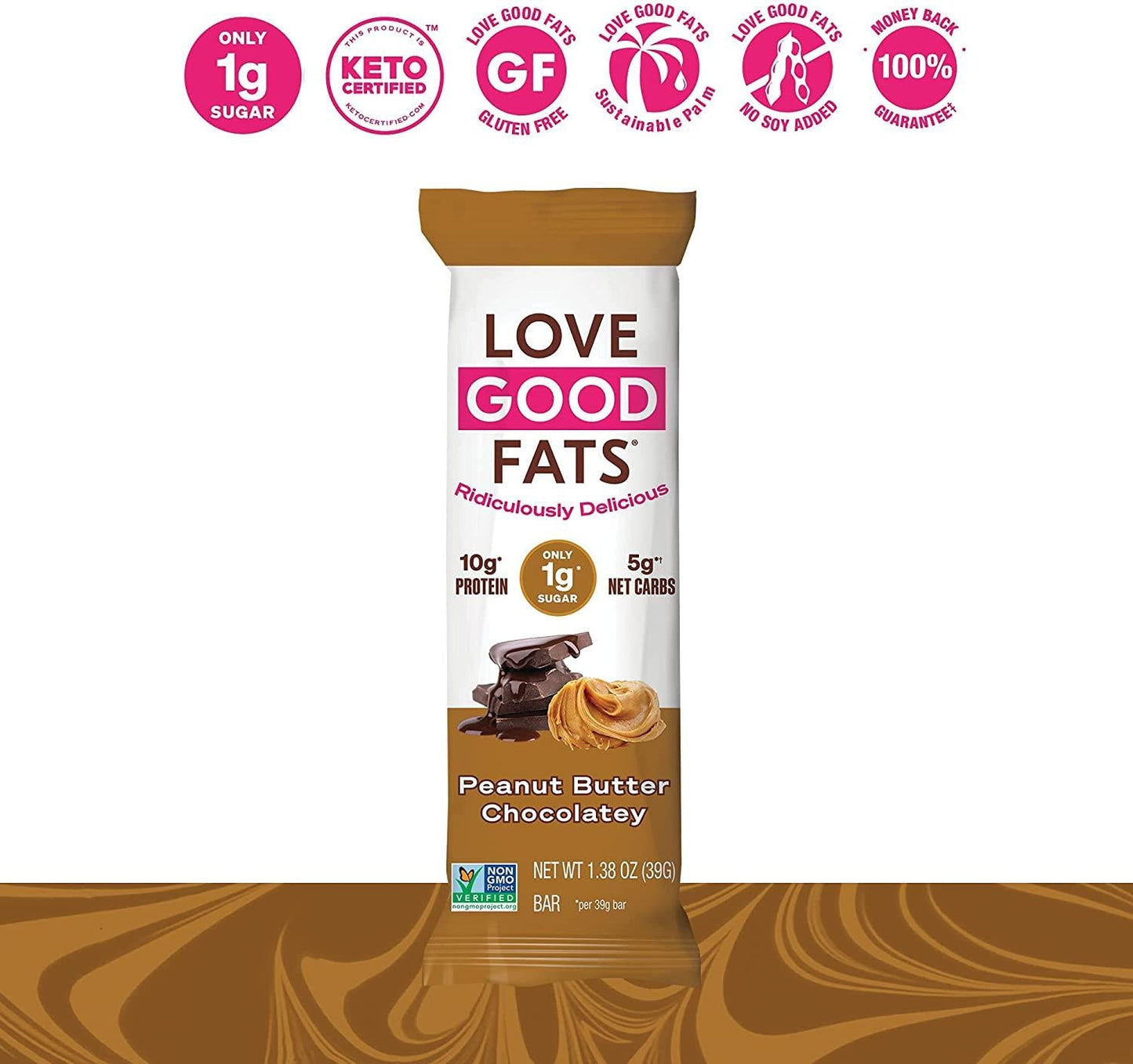 Love Good Fats Bars Peanut Butter Chocolatey Keto-Friendly Protein Bar with Natural Ingredients Low Sugar, Low Carb, Non GMO, Gluten and Soy Free Snacks for Ketogenic Diets (12 Count)