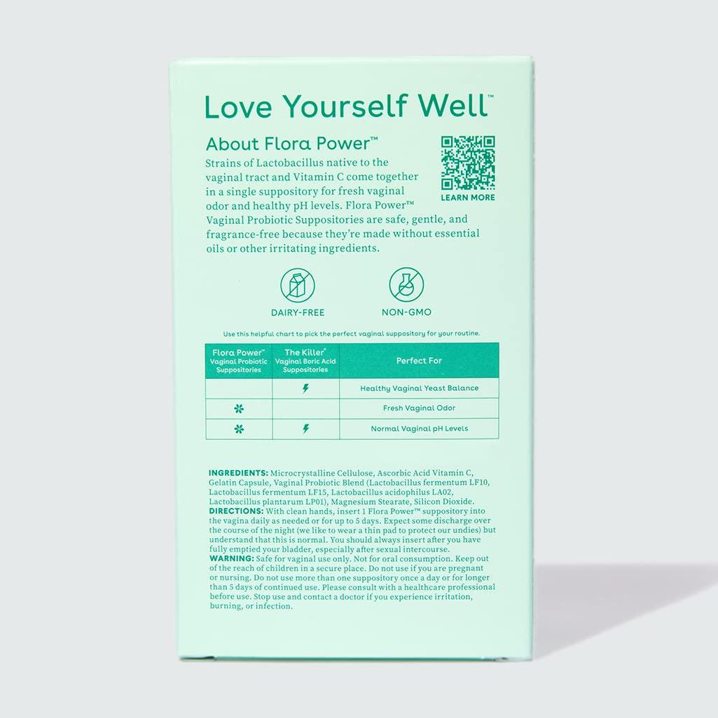 Love Wellness Vaginal Probiotic Suppositories, Flora Power - Fast-Acting Probiotic Strains with Vitamin C Supports Vaginal pH Levels and Fresh Odor and Prevent BV - Dairy-Free, Fragrance-Free and Non-GMO