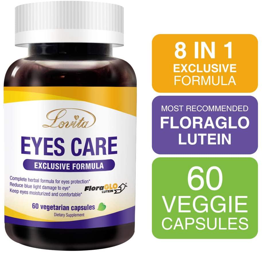 Lovita Eyes Care, Eye Vitamins with Clinically Proven FloraGLO Lutein, 10000 mg Equivalent Bilberry, Black Currant and Eyebright, Supports Eye Strain, Dry Eye and Vision Health, 60 Vegetarian Capsules