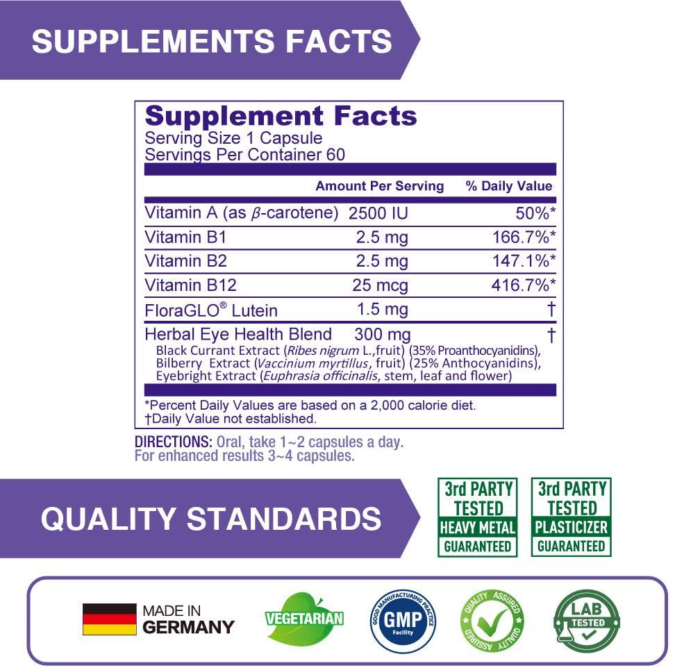 Lovita Eyes Care, Eye Vitamins with Clinically Proven FloraGLO Lutein, 10000 mg Equivalent Bilberry, Black Currant and Eyebright, Supports Eye Strain, Dry Eye and Vision Health, 60 Vegetarian Capsules