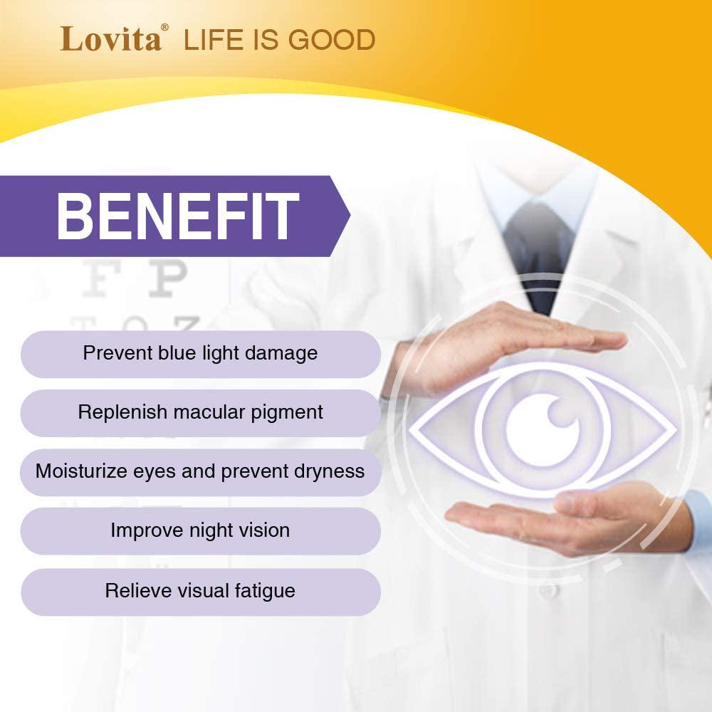 Lovita Eyes Care, Eye Vitamins with Clinically Proven FloraGLO Lutein, 10000 mg Equivalent Bilberry, Black Currant and Eyebright, Supports Eye Strain, Dry Eye and Vision Health, 60 Vegetarian Capsules