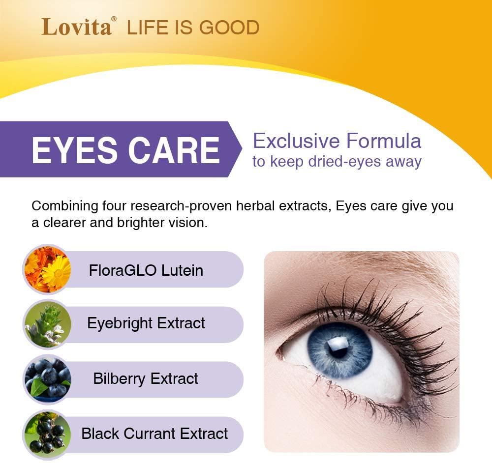 Lovita Eyes Care, Eye Vitamins with Clinically Proven FloraGLO Lutein, 10000 mg Equivalent Bilberry, Black Currant and Eyebright, Supports Eye Strain, Dry Eye and Vision Health, 60 Vegetarian Capsules