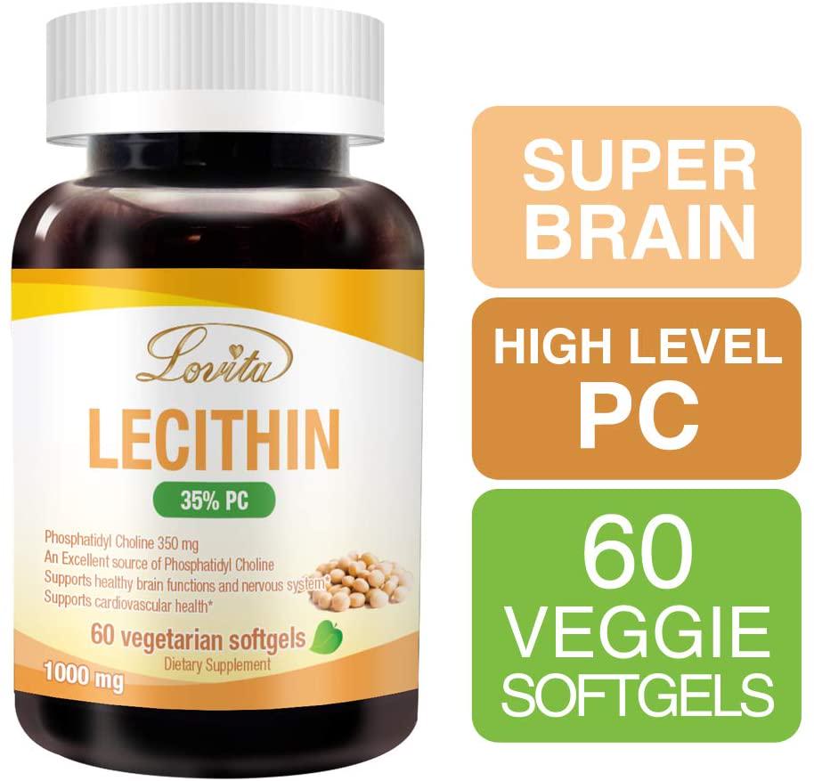 Lovita Lecithin 2000mg per Day, Rich in Phosphatidyl Choline (PC), Phosphatidylcholine 350mg per Softgel, Vegan Friendly, 60 Vegetarian Softgels