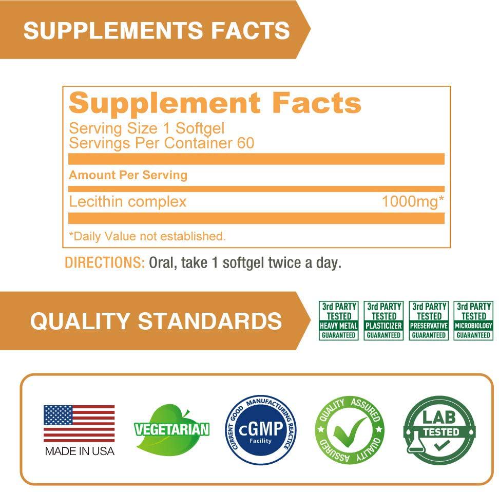 Lovita Lecithin 2000mg per Day, Rich in Phosphatidyl Choline (PC), Phosphatidylcholine 350mg per Softgel, Vegan Friendly, 60 Vegetarian Softgels
