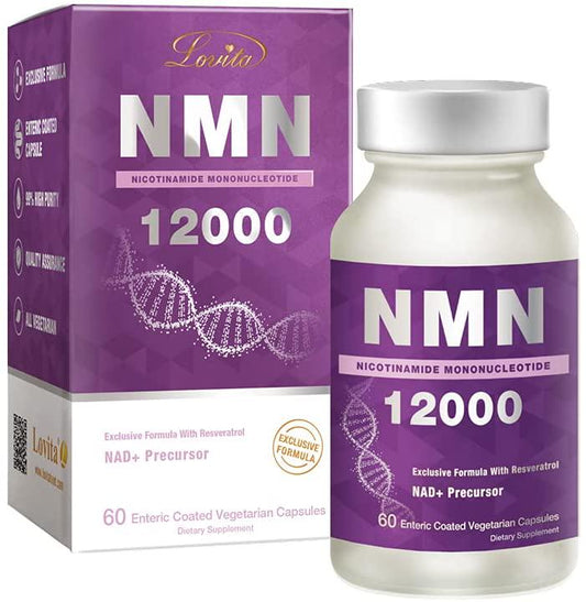 Lovita NMN 12000 (Nicotinamide Mononucleotide) with Resveratrol, 99% Purity, Anti Aging, 60 Vegetarian Enteric Coated Capsules