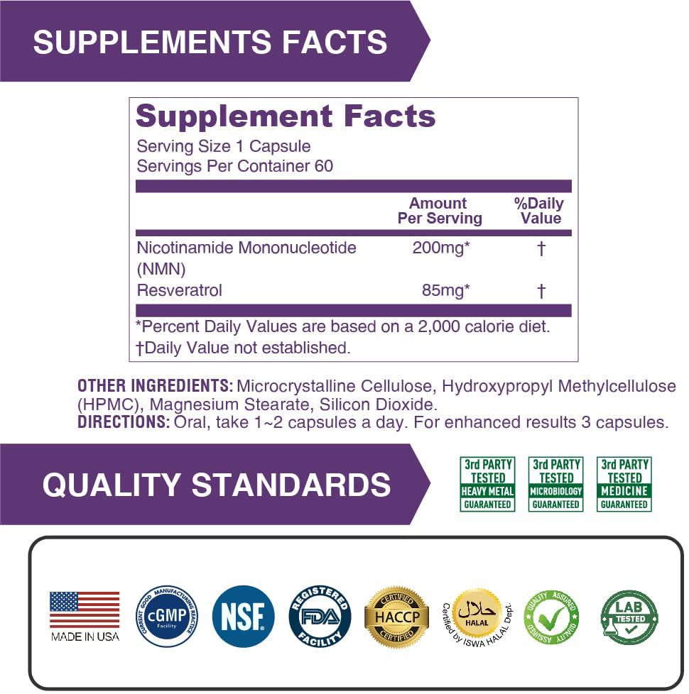 Lovita NMN 12000 (Nicotinamide Mononucleotide) with Resveratrol, 99% Purity, Anti Aging, 60 Vegetarian Enteric Coated Capsules