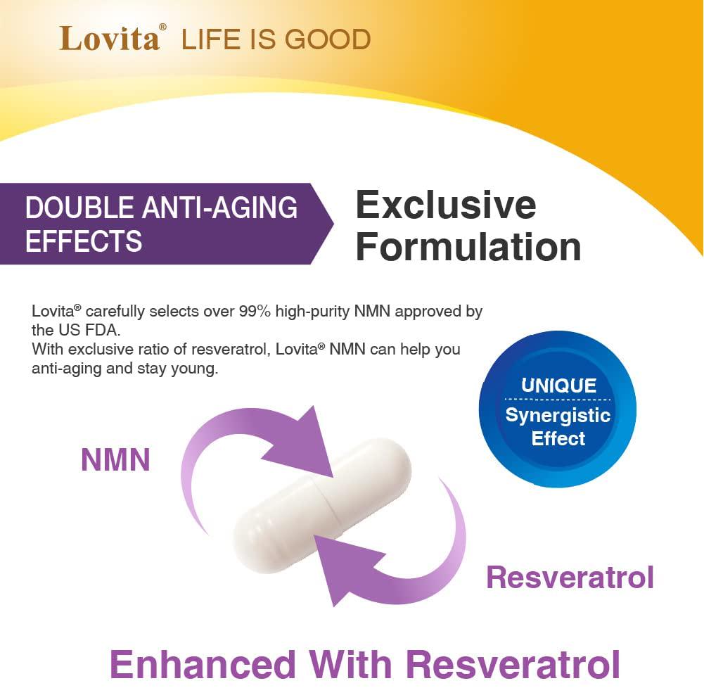 Lovita NMN 12000 (Nicotinamide Mononucleotide) with Resveratrol, 99% Purity, Anti Aging, 60 Vegetarian Enteric Coated Capsules