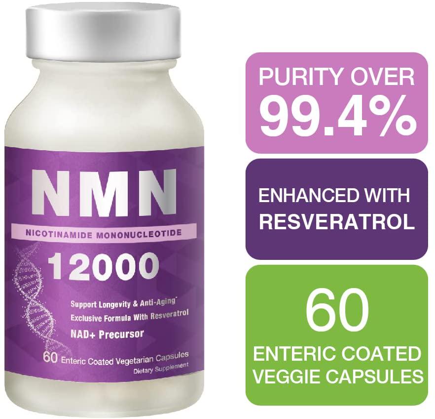 Lovita NMN 12000 (Nicotinamide Mononucleotide) with Resveratrol, 99% Purity, Anti Aging, 60 Vegetarian Enteric Coated Capsules