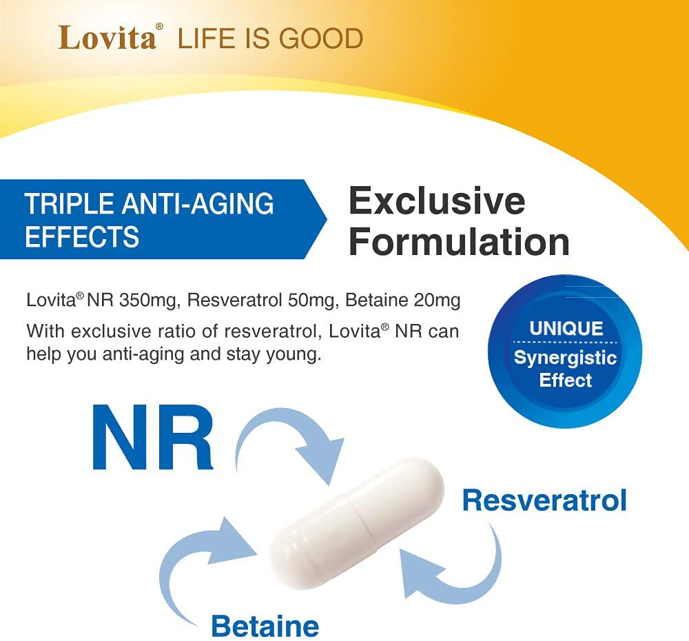 Lovita NR (Nicotinamide Riboside) 350 mg, Similar to NMN Nicotinamide Mononucleotide, NAD Supplement with Resveratrol and Betaine, Boost NAD Plus Levels, 30 Vegetarian Enteric Capsules (Pack of 3)