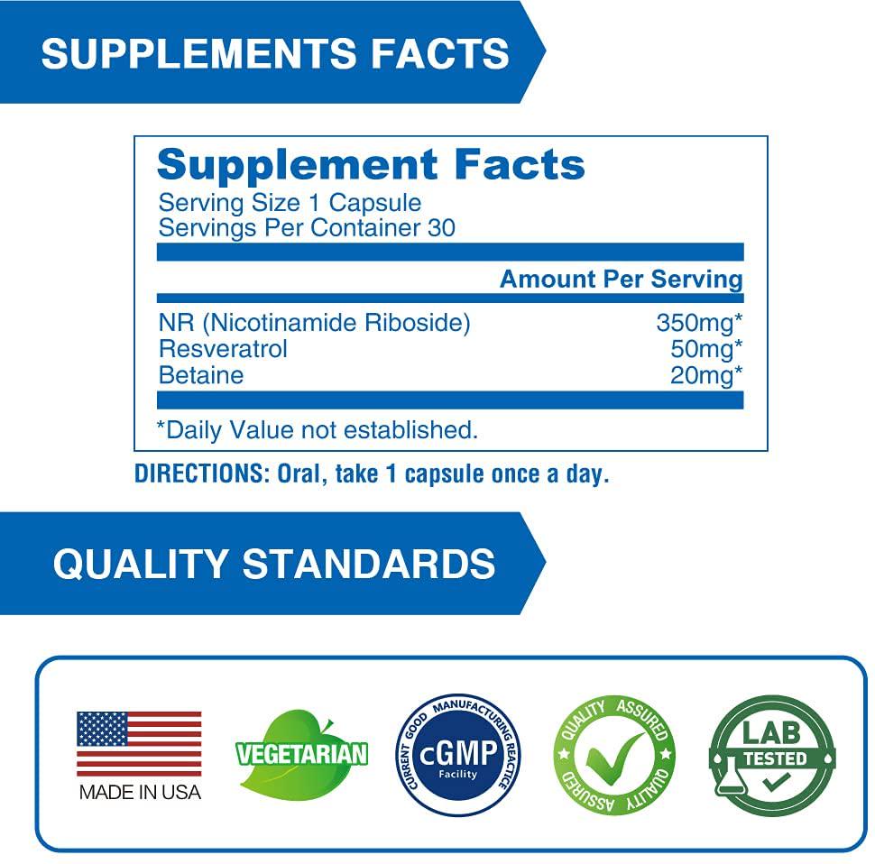 Lovita NR (Nicotinamide Riboside) 350 mg, Similar to NMN Nicotinamide Mononucleotide, NAD Supplement with Resveratrol and Betaine, Boost NAD Plus Levels, 30 Vegetarian Enteric Capsules (Pack of 3)