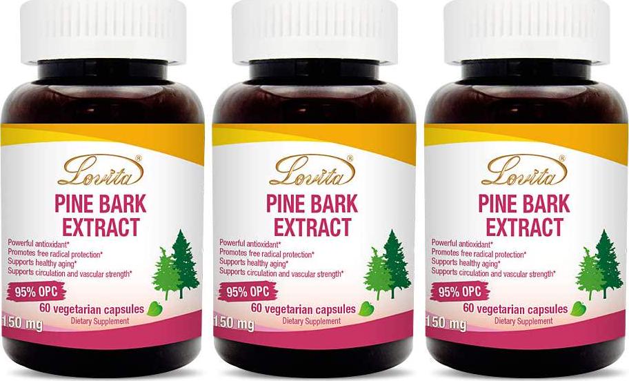 Lovita Pine Bark Extract, 150mg, 95% OPCs, 60 Vegetarian Capsules (Pack of 3)