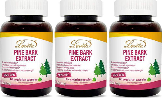 Lovita Pine Bark Extract, 150mg, 95% OPCs, 60 Vegetarian Capsules (Pack of 3)