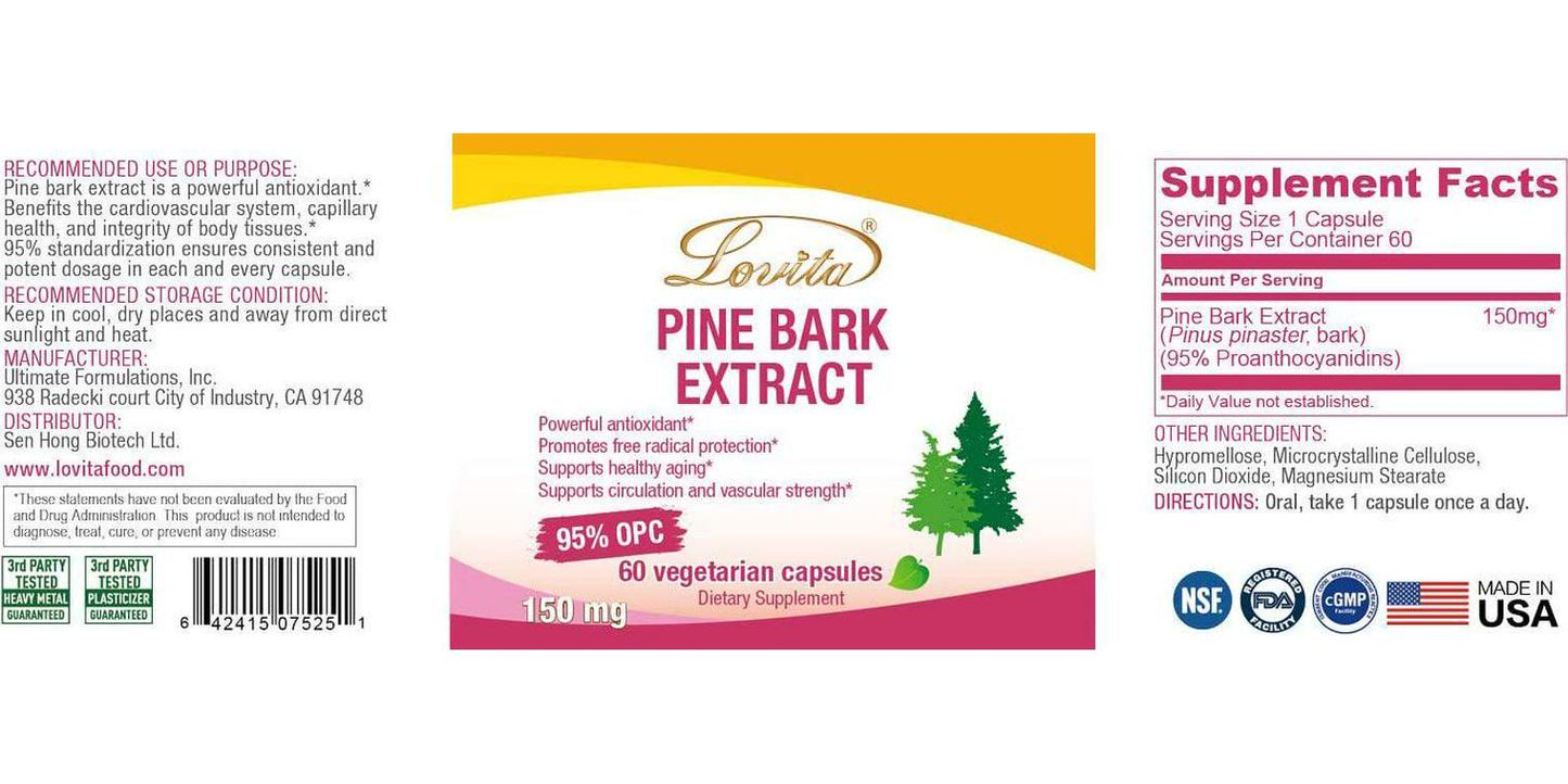 Lovita Pine Bark Extract, 150mg, 95% OPCs, 60 Vegetarian Capsules (Pack of 3)