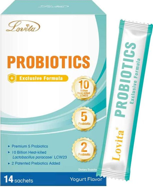 Lovita Probiotics Powder, Prebiotics and Probiotics for Women, Men and Kids, Allergy Relief, Shelf Stable Probiotic Supplement, 14 Packets