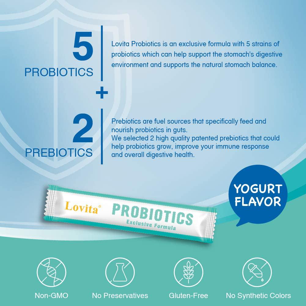 Lovita Probiotics Powder, Prebiotics and Probiotics for Women, Men and Kids, Allergy Relief, Shelf Stable Probiotic Supplement, 14 Packets