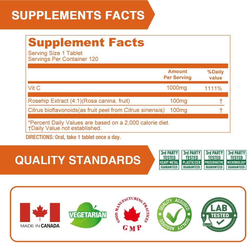 Lovita Vitamin C 1000mg with Bioflavonoids and Rose Hips, Timed Release Vitamin C, High Potency Vitamin C to Boost Healthy Immune Function, 120 Vegetarian Tablets for 4 Month Supply
