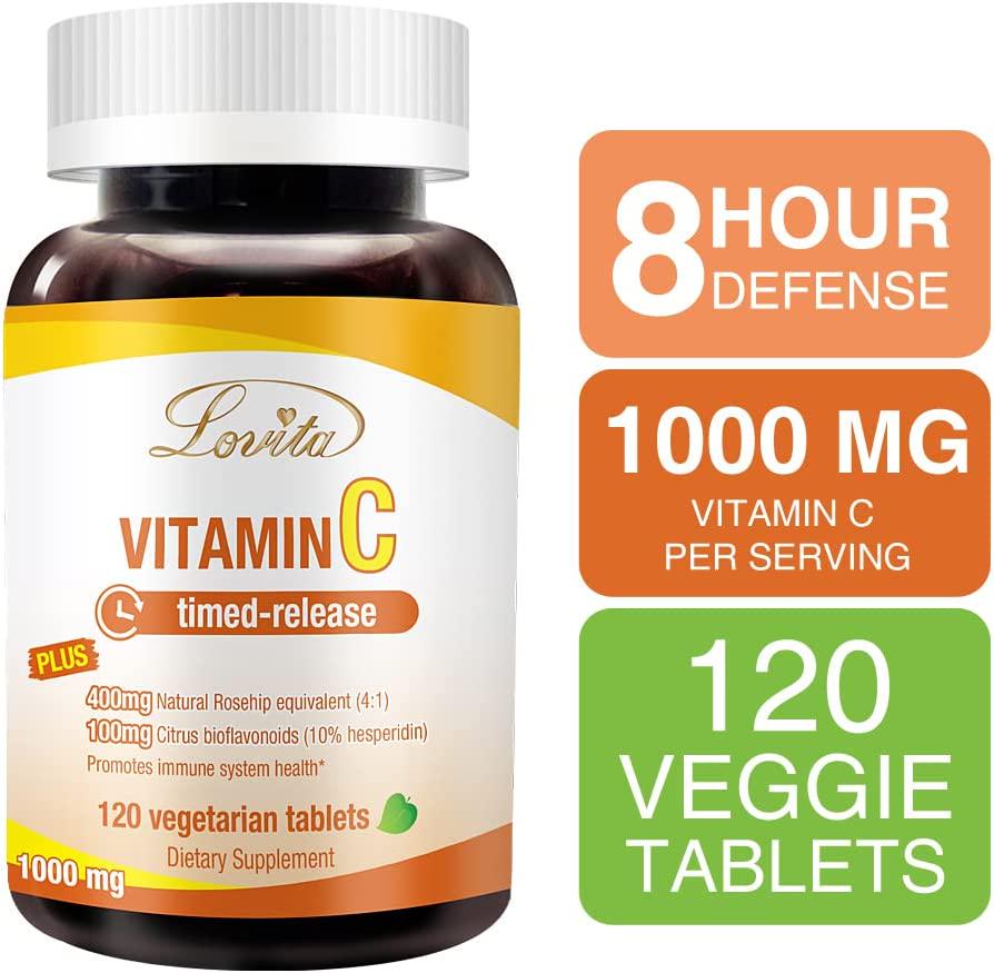 Lovita Vitamin C 1000mg with Bioflavonoids and Rose Hips, Timed Release Vitamin C, High Potency Vitamin C to Boost Healthy Immune Function, 120 Vegetarian Tablets for 4 Month Supply