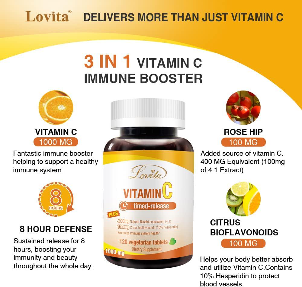 Lovita Vitamin C 1000mg with Bioflavonoids and Rose Hips, Timed Release Vitamin C, High Potency Vitamin C to Boost Healthy Immune Function, 120 Vegetarian Tablets for 4 Month Supply