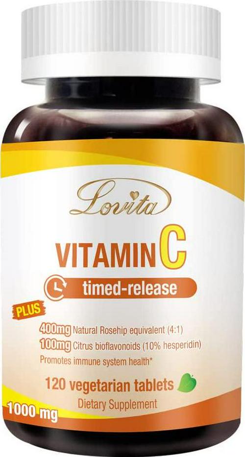 Lovita Vitamin C 1000mg with Bioflavonoids and Rose Hips, Timed Release Vitamin C, High Potency Vitamin C to Boost Healthy Immune Function, 120 Vegetarian Tablets for 4 Month Supply