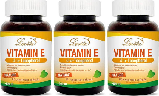 Lovita Vitamin E 400 IU Softgels, Natural Vitamin E 268 mg (as D Alpha Tocopherol), Vegan Vitamin E for Healthy Skin, Hair, Nails and Immune System Support, 60 Vegetarian Softgels (Pack of 3)