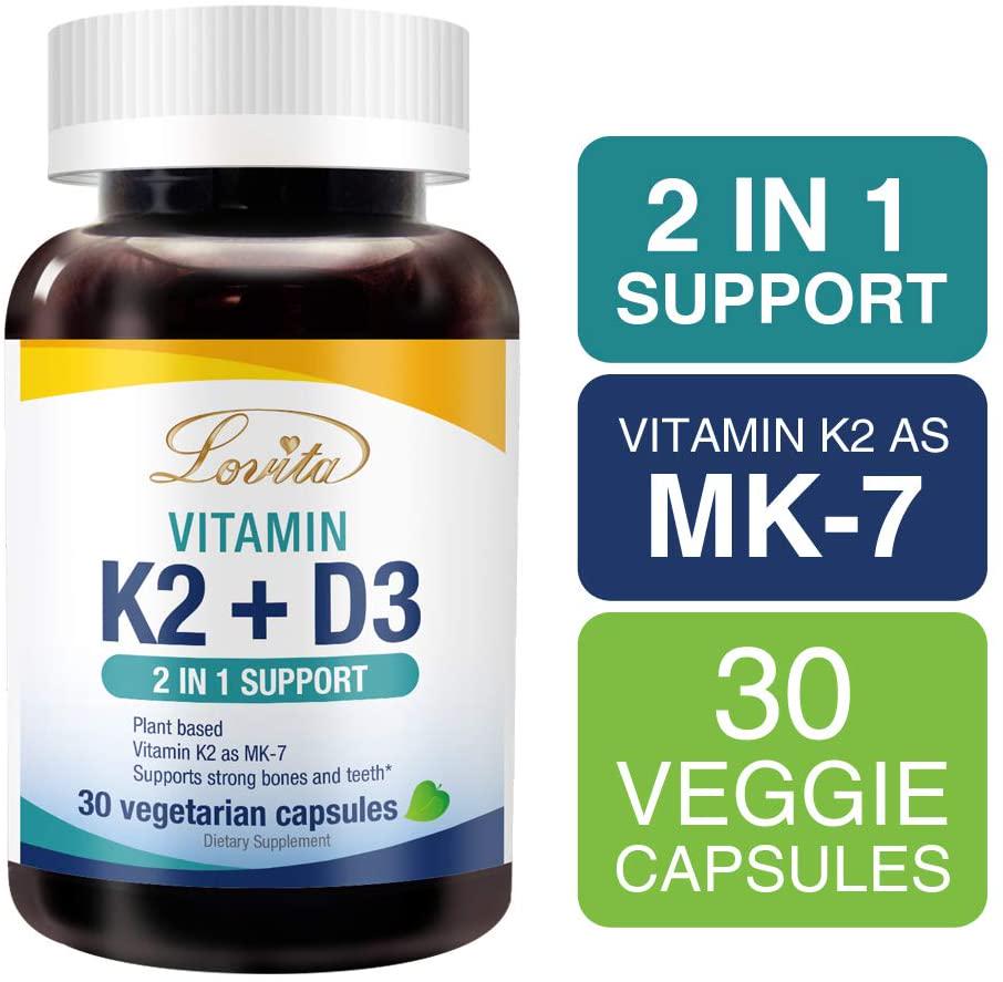 Lovita Vitamin K2 + D3, 400 IU Vegan Vitamin D3 and 120 mcg Vitamin K2 (MK-7), 2 in 1 Formula, Immune Vitamin Complex, Supports Your Heart, Teeth and Immune Function, 30 Vegetarian Capsules
