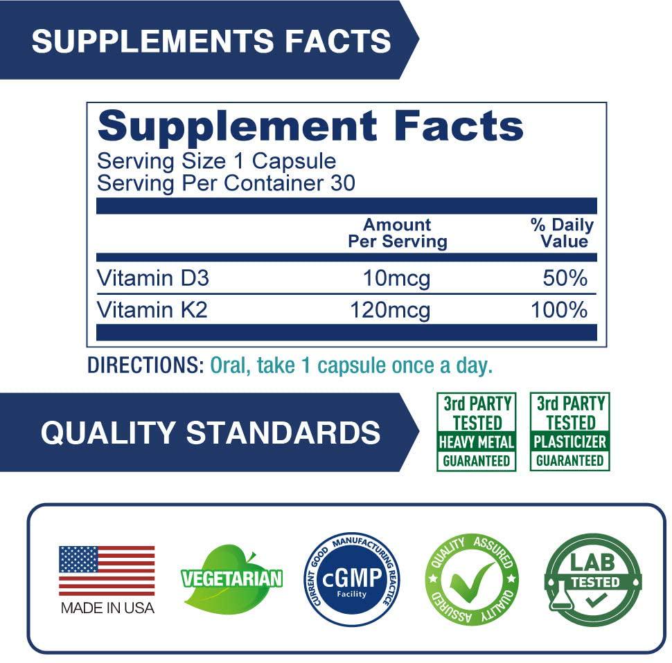 Lovita Vitamin K2 + D3, 400 IU Vegan Vitamin D3 and 120 mcg Vitamin K2 (MK-7), 2 in 1 Formula, Immune Vitamin Complex, Supports Your Heart, Teeth and Immune Function, 30 Vegetarian Capsules