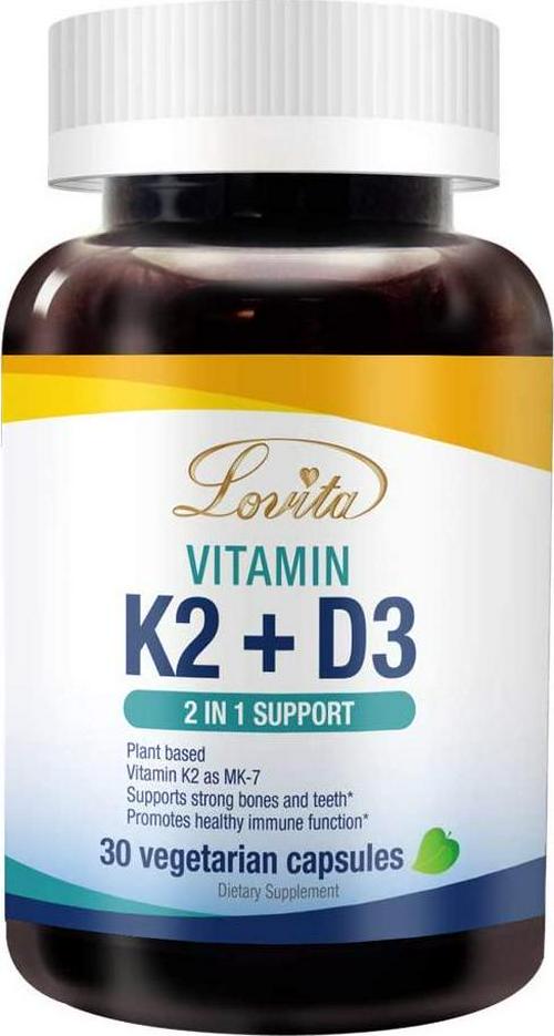 Lovita Vitamin K2 + D3, 400 IU Vegan Vitamin D3 and 120 mcg Vitamin K2 (MK-7), 2 in 1 Formula, Immune Vitamin Complex, Supports Your Heart, Teeth and Immune Function, 30 Vegetarian Capsules