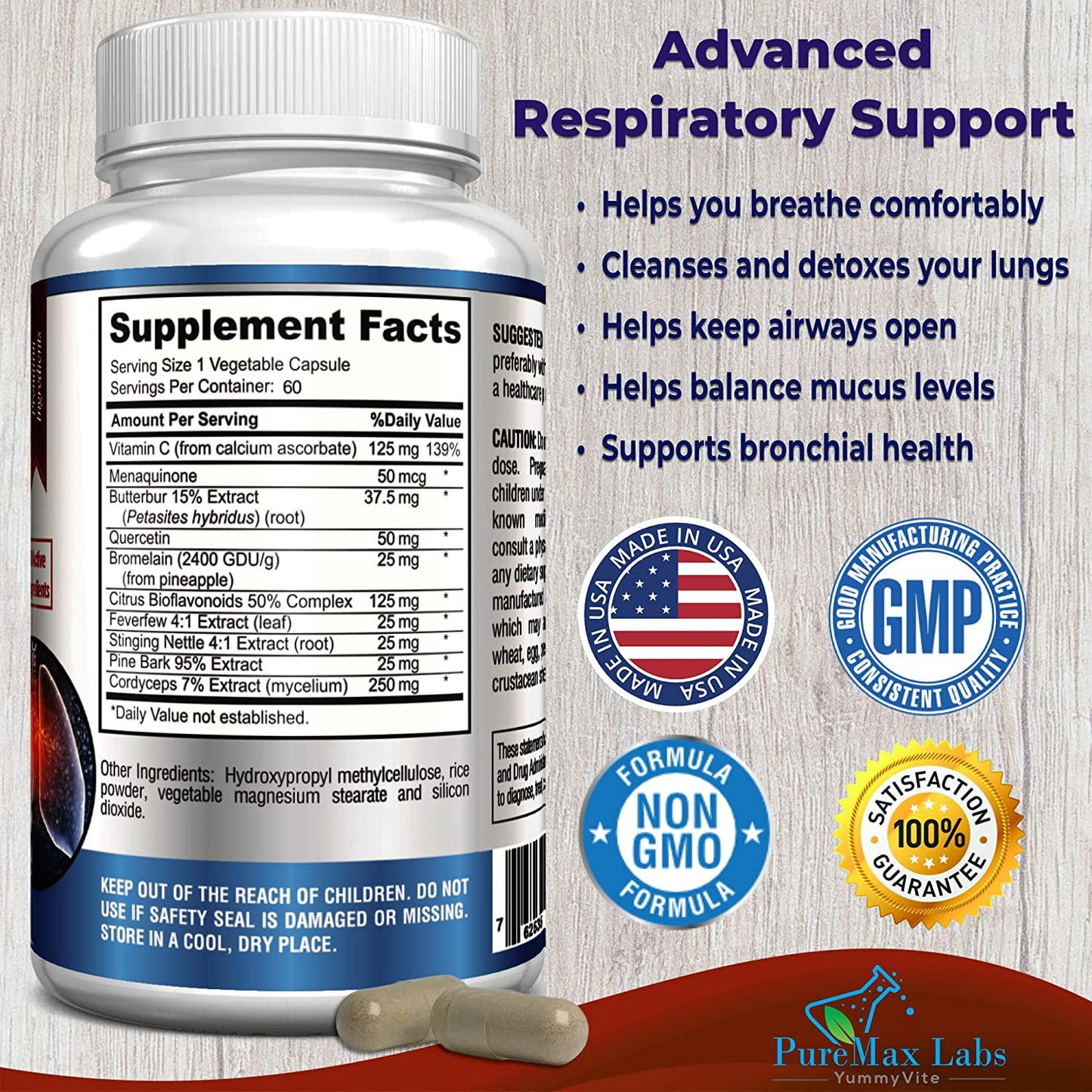Lung Support Supplement, Lung Cleanse and Lung Detox Formula, Lung Health Support for Clear Lungs, Comfortable Breathing, Bronchial Health, 60 Capsules