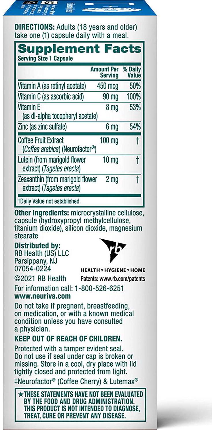 Lutein and Coffee Cherry – Neuriva Brain + Eye Support Capsules (30 count in a box), With Vitamins A C E, Zinc, Zeaxanthin, Antioxidants, Filters Blue Light, Decaffeinated, Vegetarian, Gluten and GMO Free
