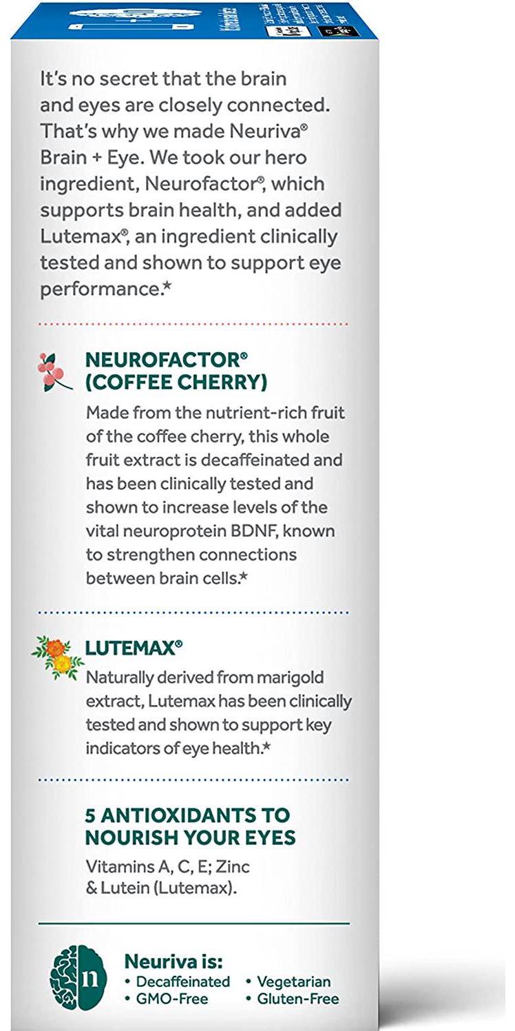 Lutein and Coffee Cherry – Neuriva Brain + Eye Support Capsules (30 count in a box), With Vitamins A C E, Zinc, Zeaxanthin, Antioxidants, Filters Blue Light, Decaffeinated, Vegetarian, Gluten and GMO Free