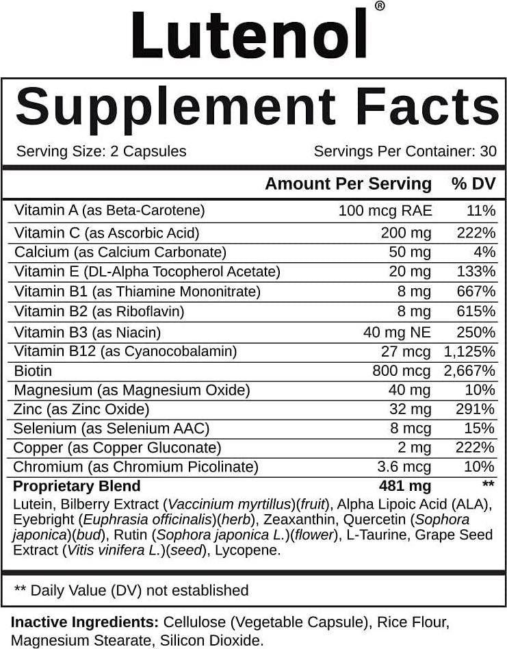 Lutenol | Natural Vision and Macular Support Formula Containing Lutein, Zeaxanthin, Zinc, Vitamins and More. Eye Health Supplement. 60 Capsules.
