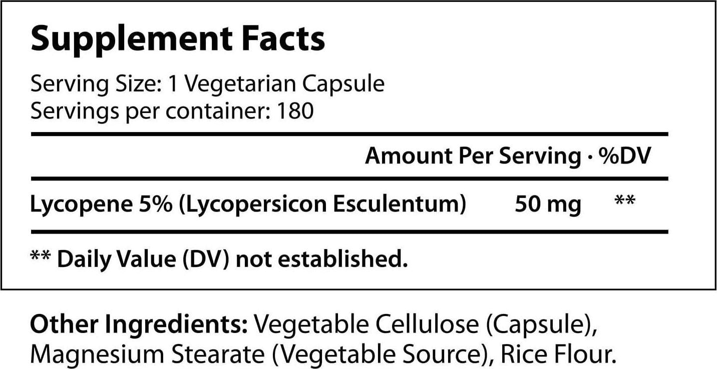 Lycopene 50mg 180 Vegetarian Capsules | Supplement for Prostate and Heart Health | Antioxidant Natural Tomato Extract Non-GMO | Supports Immune System and Helps Reduce Free Radical Damage - Pure Powder