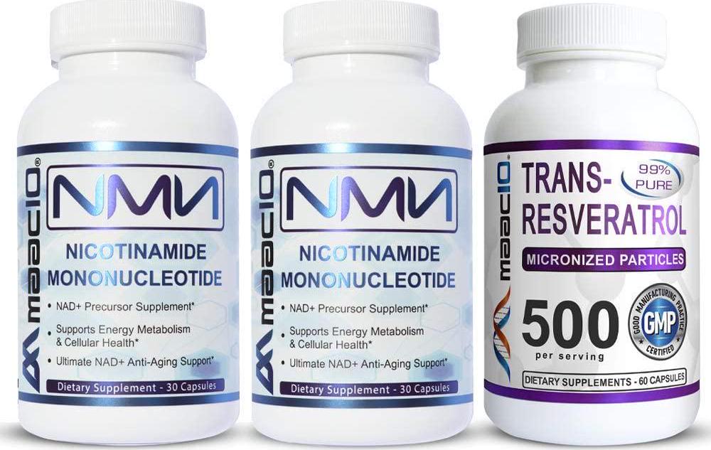 MAAC10 NMN and Resveratrol NAD Booster Combo Pack - Nicotinamide Mononucleotide NAD+ Supplement 250mg (60 x 125mg Capsules 2 Bottles) 99% Pure Trans Resveratrol Extract (60 x 250mg Capsules 1 Bottle).