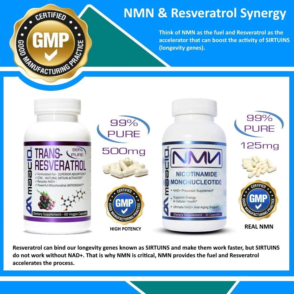 MAAC10 NMN and Resveratrol NAD Booster Combo Pack - Nicotinamide Mononucleotide NAD+ Supplement 250mg (60 x 125mg Capsules 2 Bottles) 99% Pure Trans Resveratrol Extract (60 x 250mg Capsules 1 Bottle).