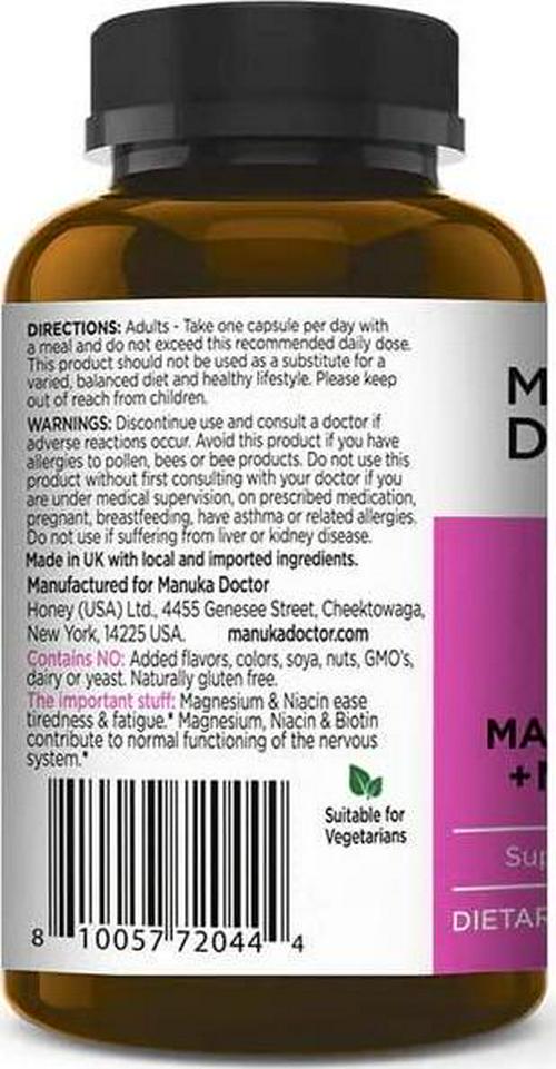 MANUKA DOCTOR - Manuka Plus Relax Dietary Supplement, Magnesium, Niacin and Manuka Honey for Tiredness and Fatigue Support, 30 Capsules