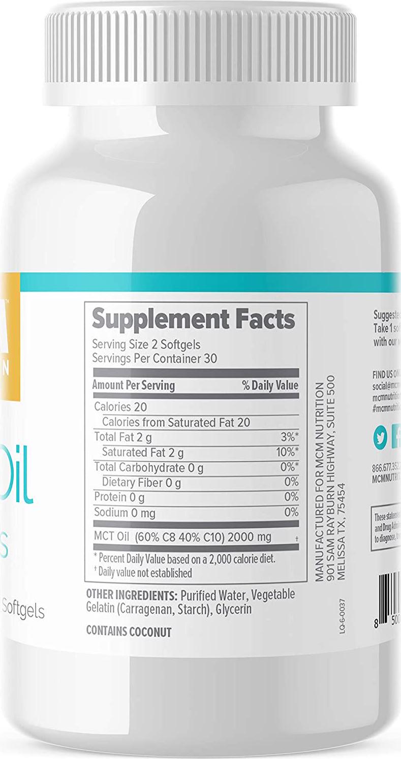 MCM Nutrition Mct Oil Pills - Boosts Energy and Decreases Brain Fog - C8 and C10 Mct Oil Softgel (2000Mg) Vegan and Fast Absorbing Coconut Oil Pills - Increases Ketones For Keto Diet (30 Servings) By