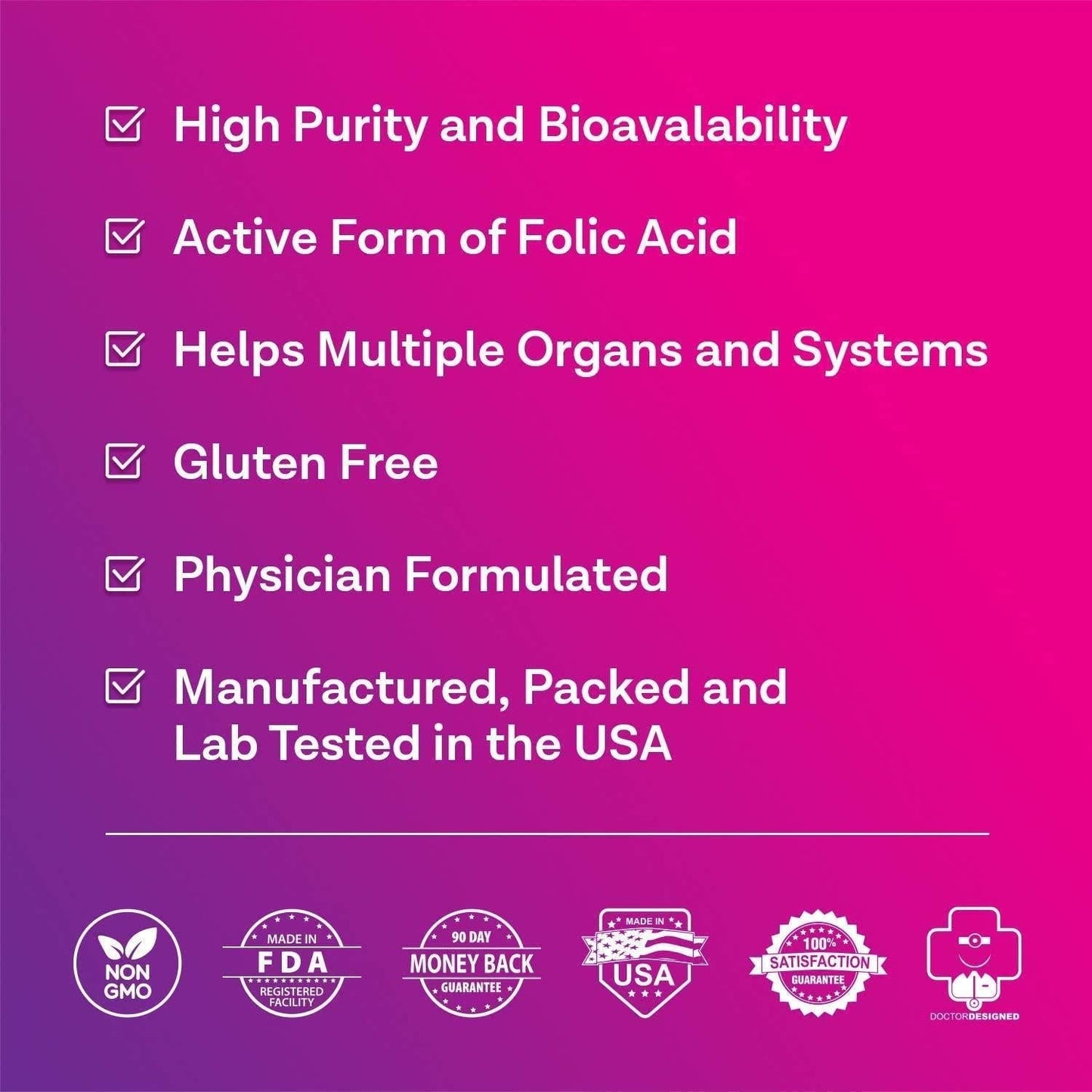 MD.LIFE 5-MTHF L-Methylfolate 2.5 MG 2500 mcg Professional Strength Active Folate 90 Capsules