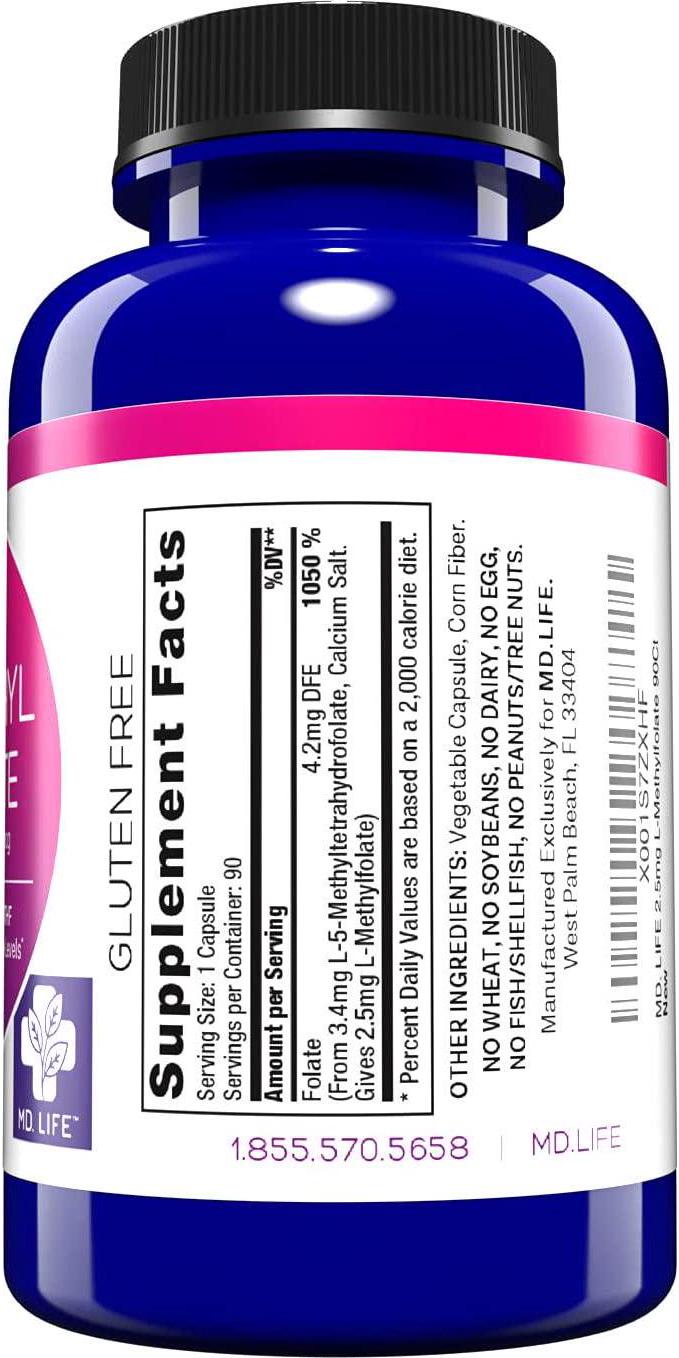 MD.LIFE 5-MTHF L-Methylfolate 2.5 MG 2500 mcg Professional Strength Active Folate 90 Capsules