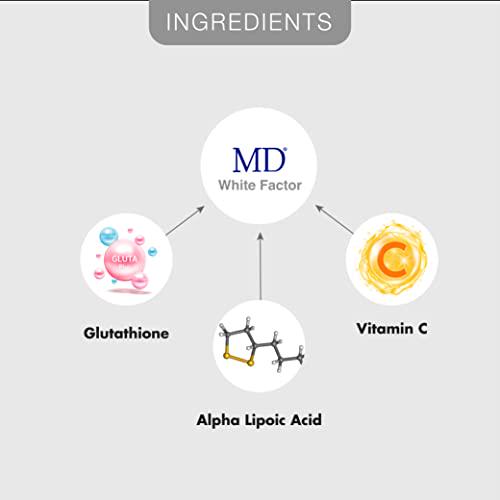 MD White Factor (60 Capsules) - Glutathione Whitening Capsules for Skin Lightening and Brightening - Packed with Effective Antioxidants, Vitamin C and Alpha Lipoic Acid