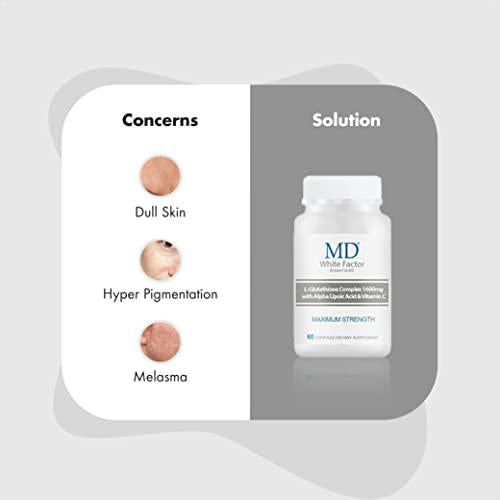 MD White Factor (60 Capsules) - Glutathione Whitening Capsules for Skin Lightening and Brightening - Packed with Effective Antioxidants, Vitamin C and Alpha Lipoic Acid