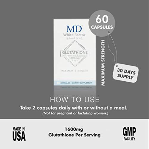 MD White Factor (60 Capsules) - Glutathione Whitening Capsules for Skin Lightening and Brightening - Packed with Effective Antioxidants, Vitamin C and Alpha Lipoic Acid