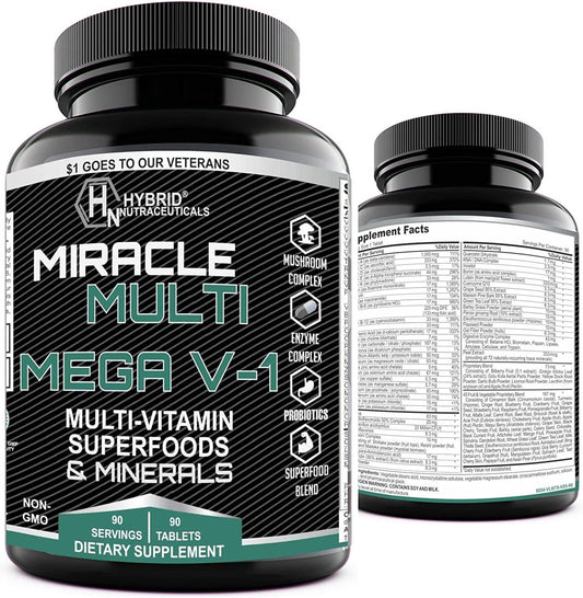 MEGA V-1 Multi Vitamins Minerals Blend, Daily Multivitamin Mineral Supplement, Probiotics, Superfood Digestive Enzyme Blend, Mushroom Complex, for Heart, Immune Support, Stamina, Energy (90 Servings)