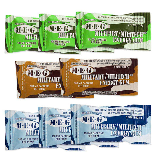 MEG - Military Energy Gum | 100mg of Caffeine Per Piece + Increase Energy + Boost Physical Performance + Multi Flavors of Arctic Mint , Spearmint, and Cinnamon + 8 Packs (40 Count)