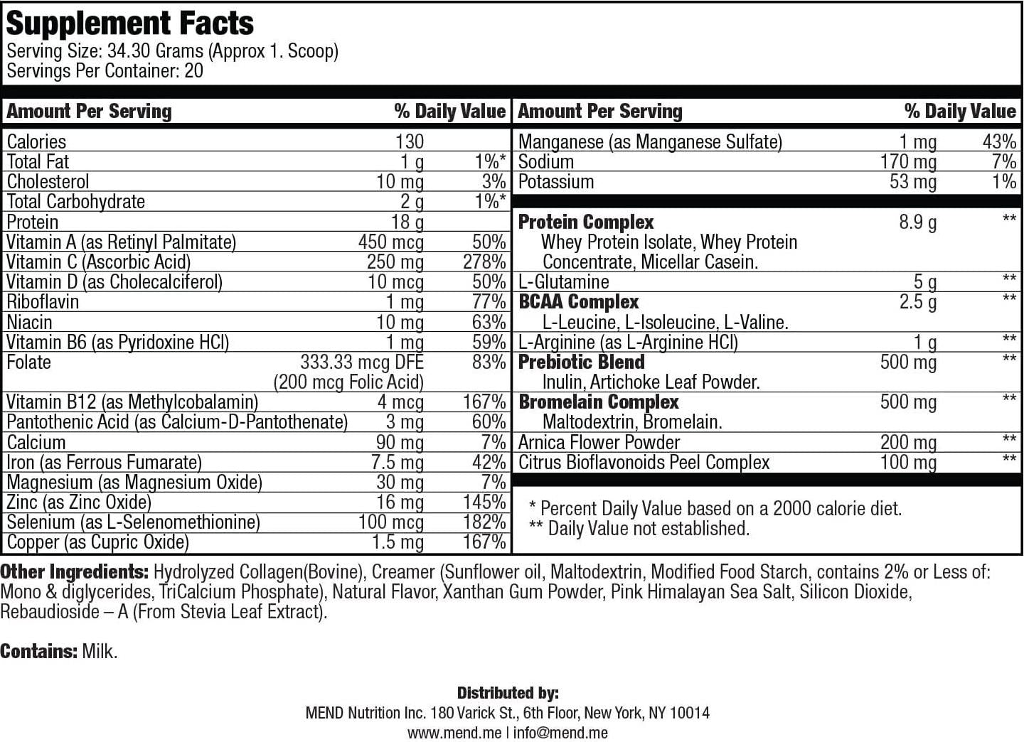 MEND Cosmetic - Skin Healing Supplement Powder with Arnica, Whey Protein, Collagen, and Bromelain - Vanilla, 20 Servings