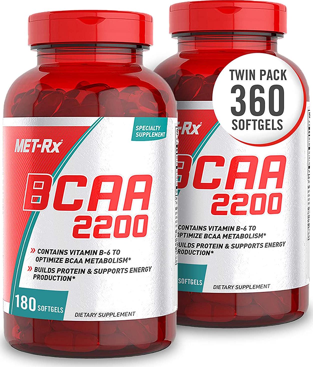 MET-Rx BCAA 2200 Amino Acid Supplement, Supports Muscle Recovery, 180 Count Per Bottle, 2 Pack (360 Total Count)