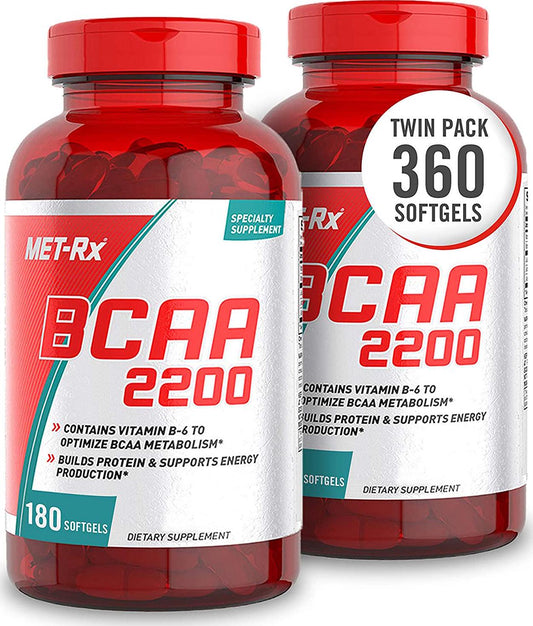 MET-Rx BCAA 2200 Amino Acid Supplement, Supports Muscle Recovery, 180 Count Per Bottle, 2 Pack (360 Total Count)