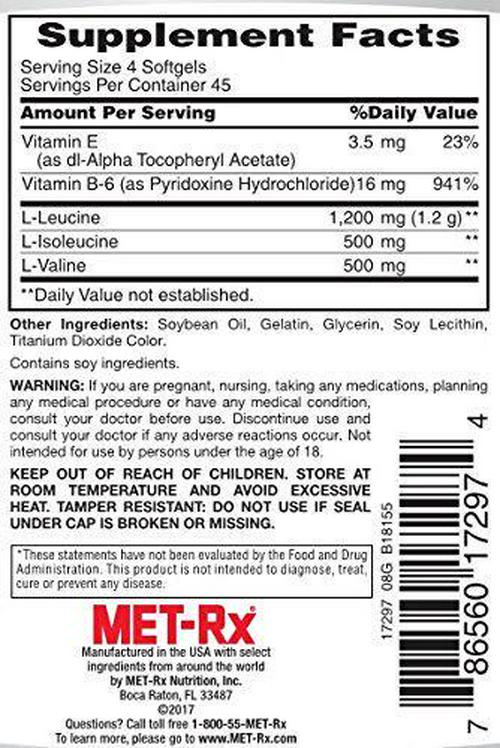 MET-Rx BCAA 2200 Amino Acid Supplement, Supports Muscle Recovery, 180 Softgels