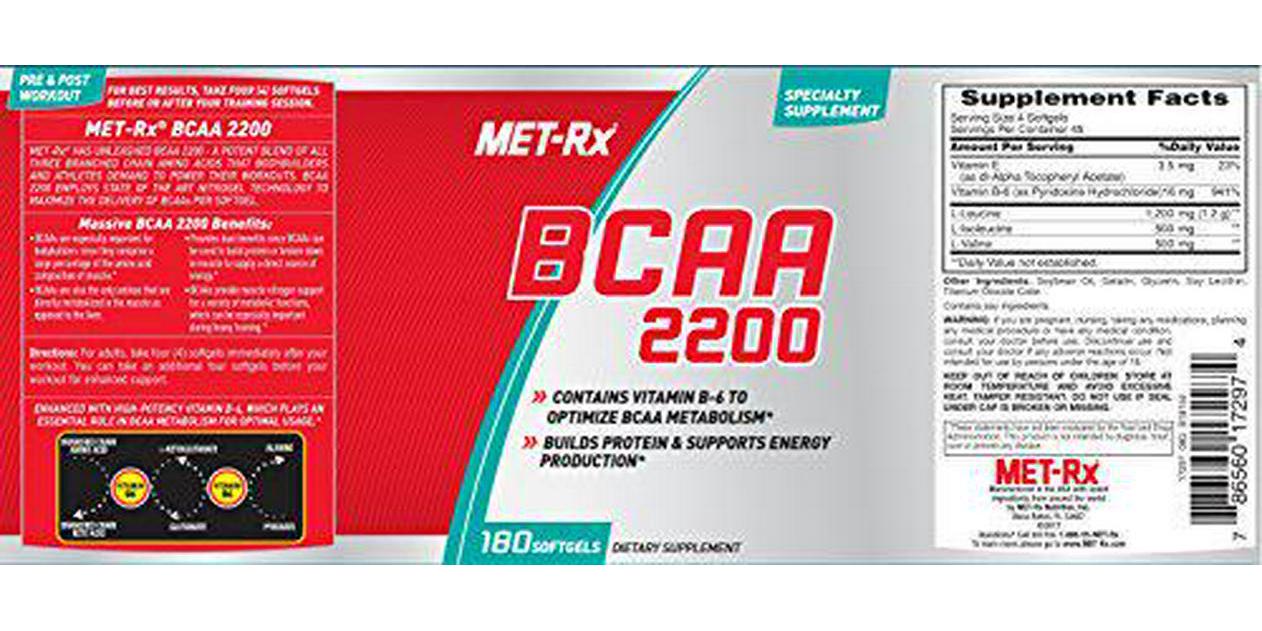 MET-Rx BCAA 2200 Amino Acid Supplement, Supports Muscle Recovery, 180 Softgels